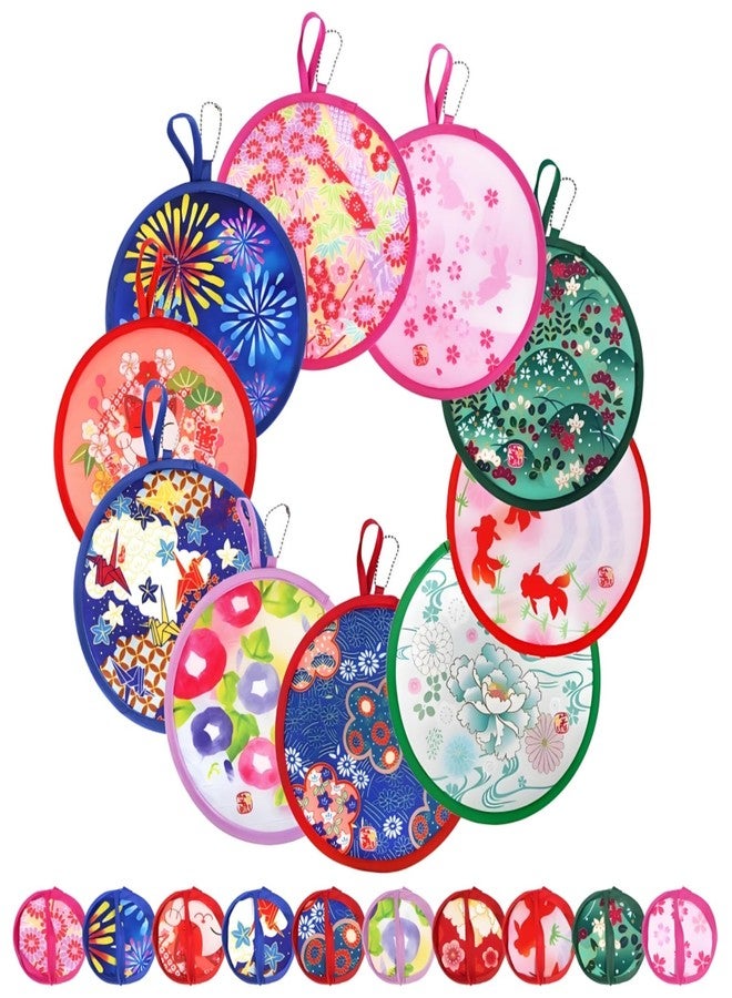 Acshio 10 Pieces Japanese Foldable Fan, Summer Collapsible Hanheld Fans, Portable Round Folding Fan, Flower Festival Decor Pocket Flying Disc Fan for Wedding Party Favors - Image 1